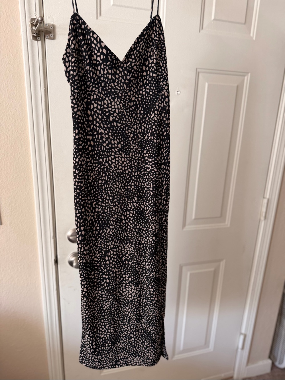 Spotted Black & Cream Slip Dress with Side Leg Slit